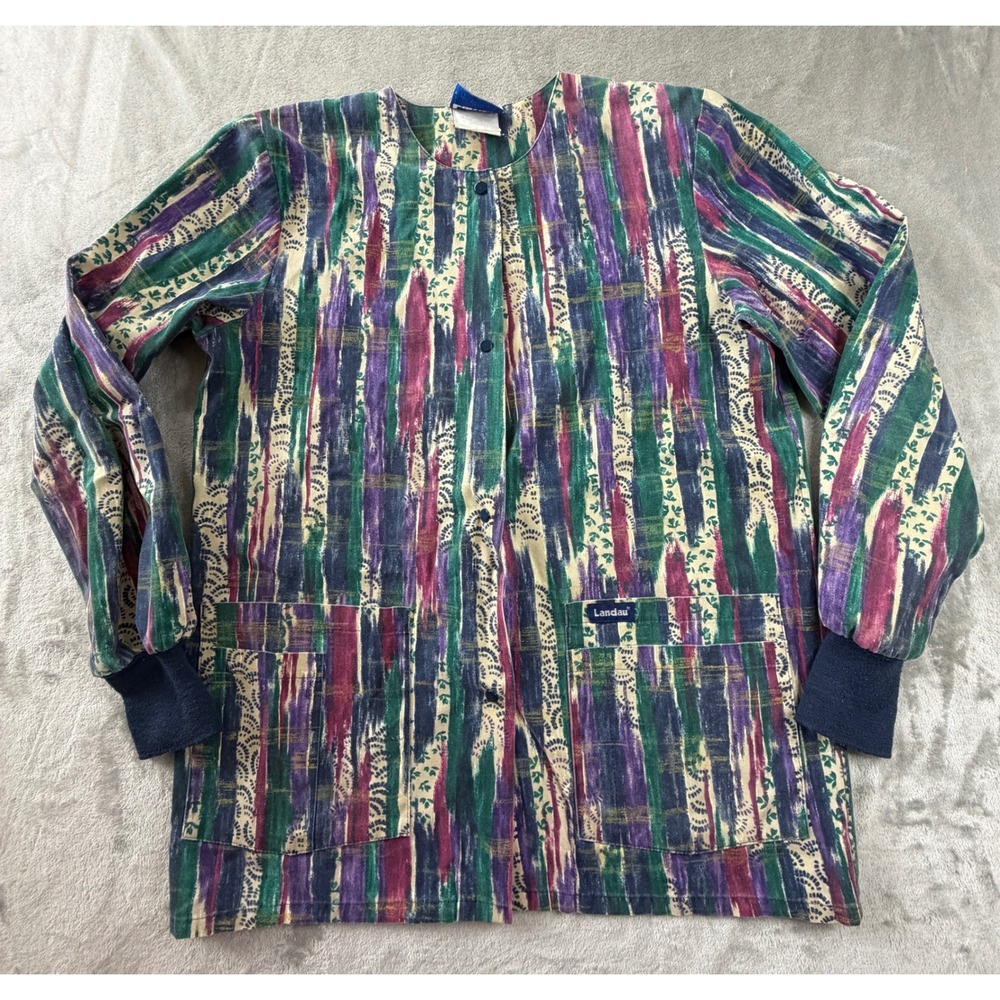 Landau Scrub Jacket Women Medium Multicolor Abstract Print Snap Front Knit Cuffs